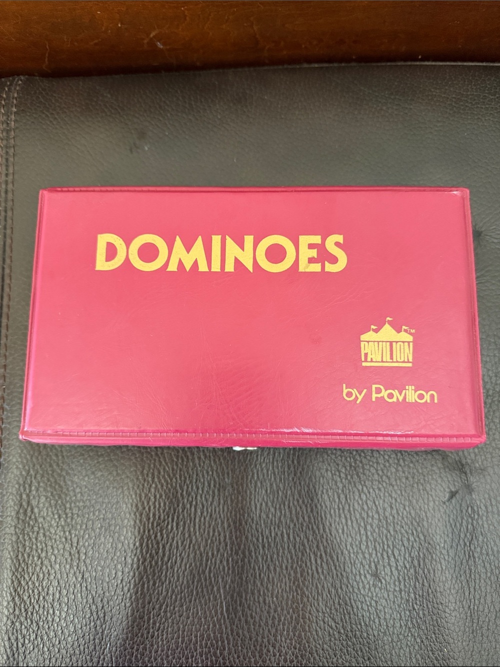 Vintage Dominoes 55 Piece Set by Pavilion in Red Vinyl Case Cream & Black Tiles